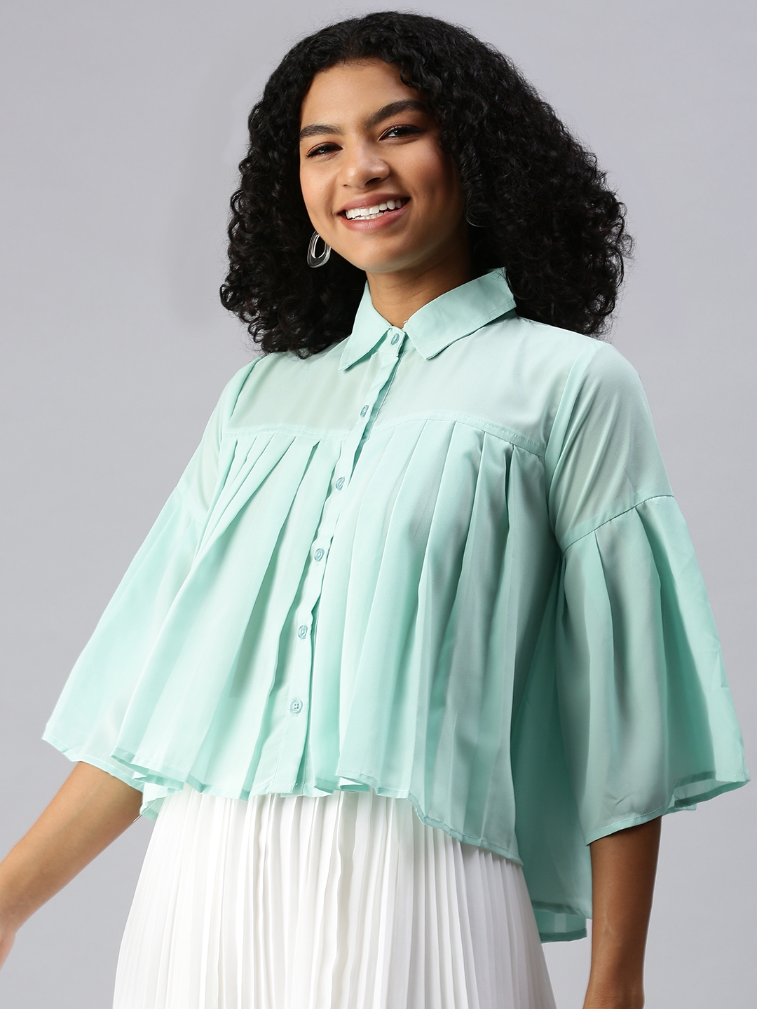 Showoff | SHOWOFF Women Sea Green Solid Shirt Collar Three-Quarter Sleeves Regular A-Line Top 2