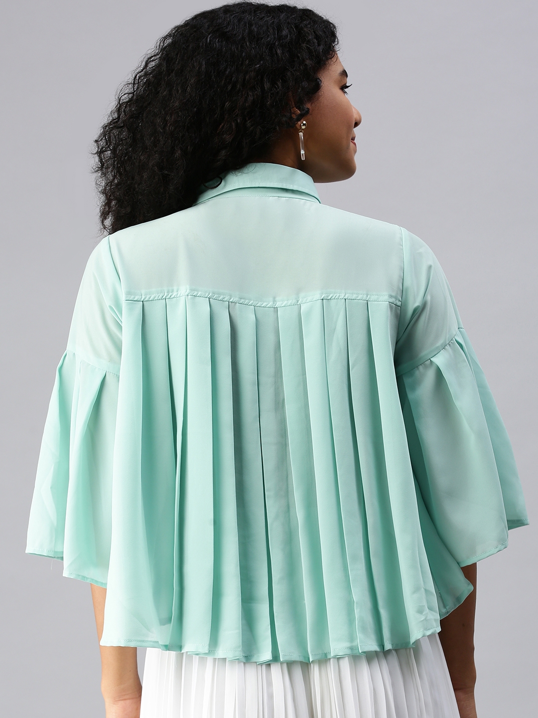 Showoff | SHOWOFF Women Sea Green Solid Shirt Collar Three-Quarter Sleeves Regular A-Line Top 3