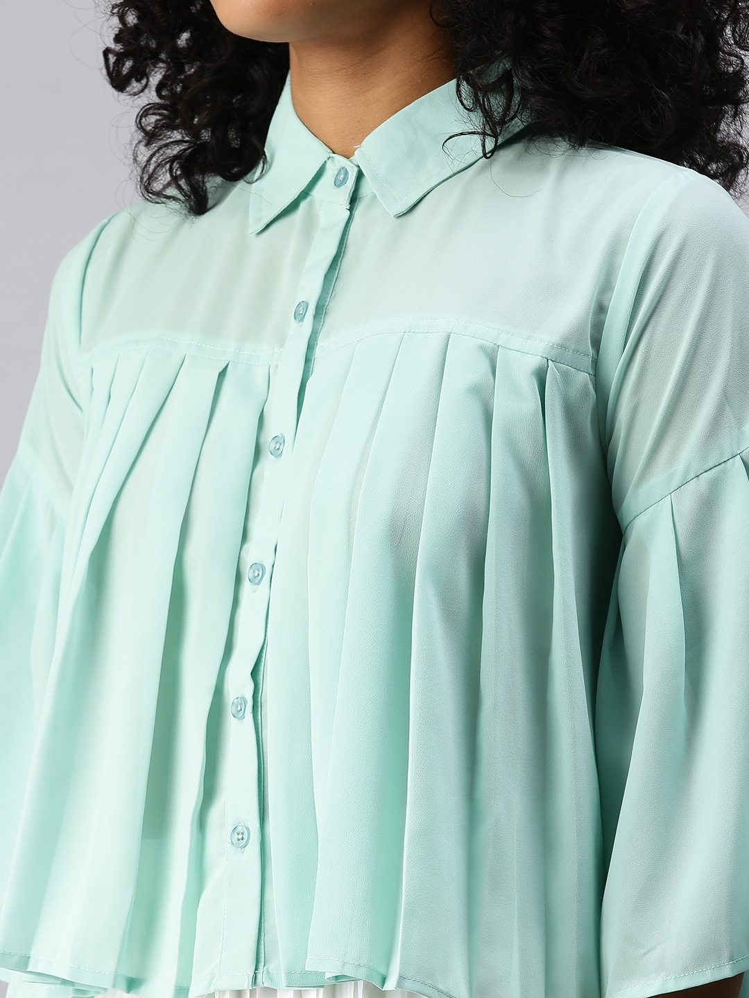 Showoff | SHOWOFF Women Sea Green Solid Shirt Collar Three-Quarter Sleeves Regular A-Line Top 5