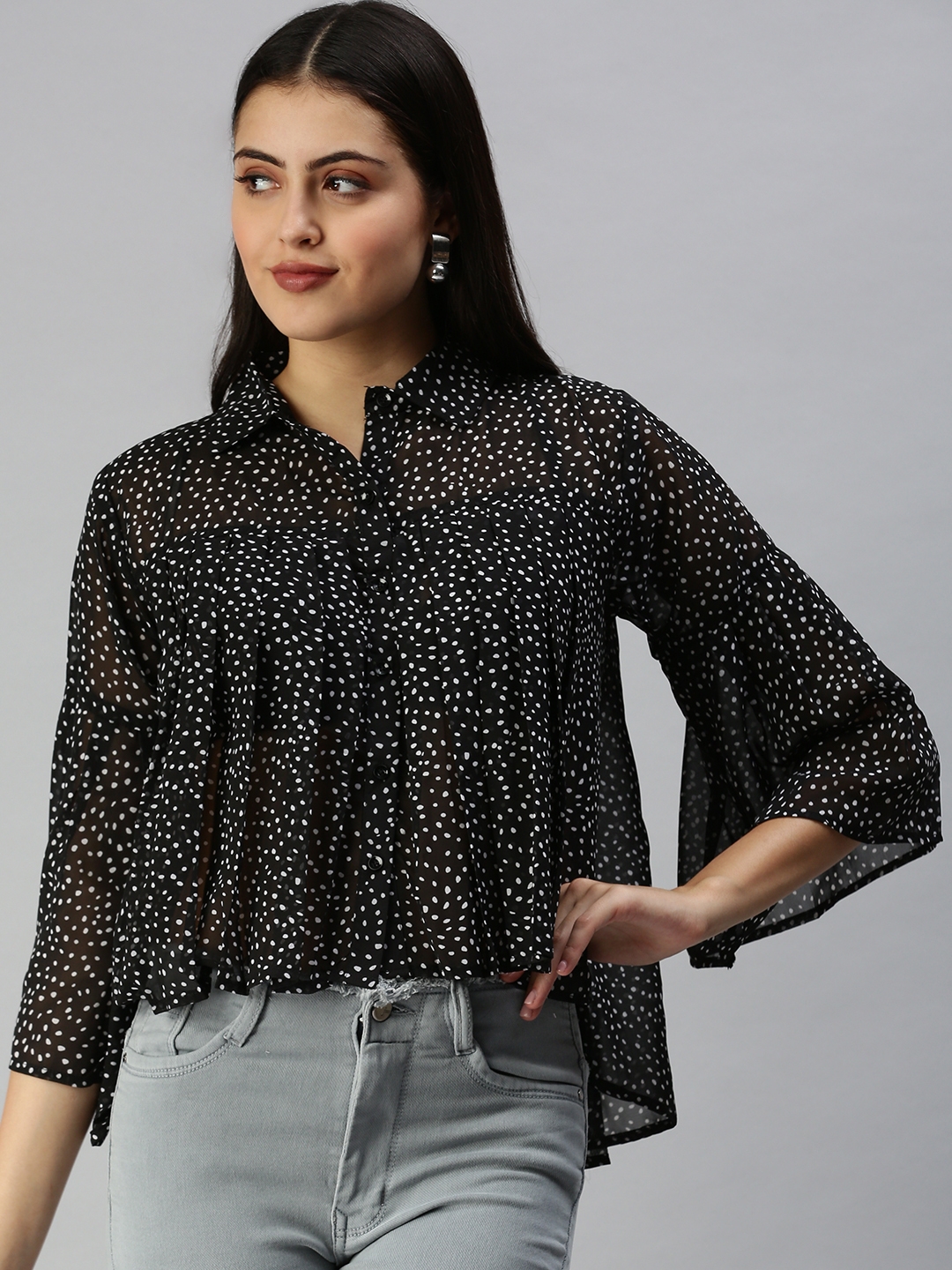Showoff | SHOWOFF Women's Three-Quarter Sleeves Shirt Collar Black Polka Dots Top 1