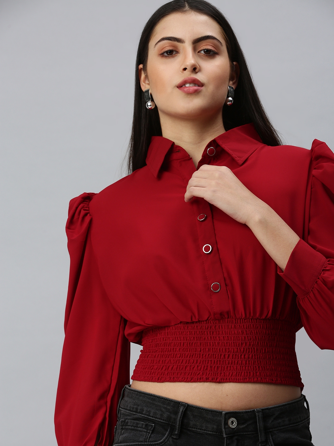 Showoff | SHOWOFF Women Maroon Solid Shirt Collar Full Sleeves Crop Shirt Top 0