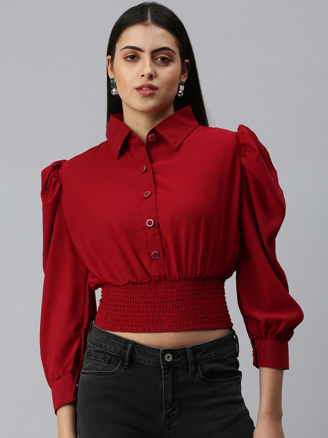Showoff | SHOWOFF Women Maroon Solid Shirt Collar Full Sleeves Crop Shirt Top 1
