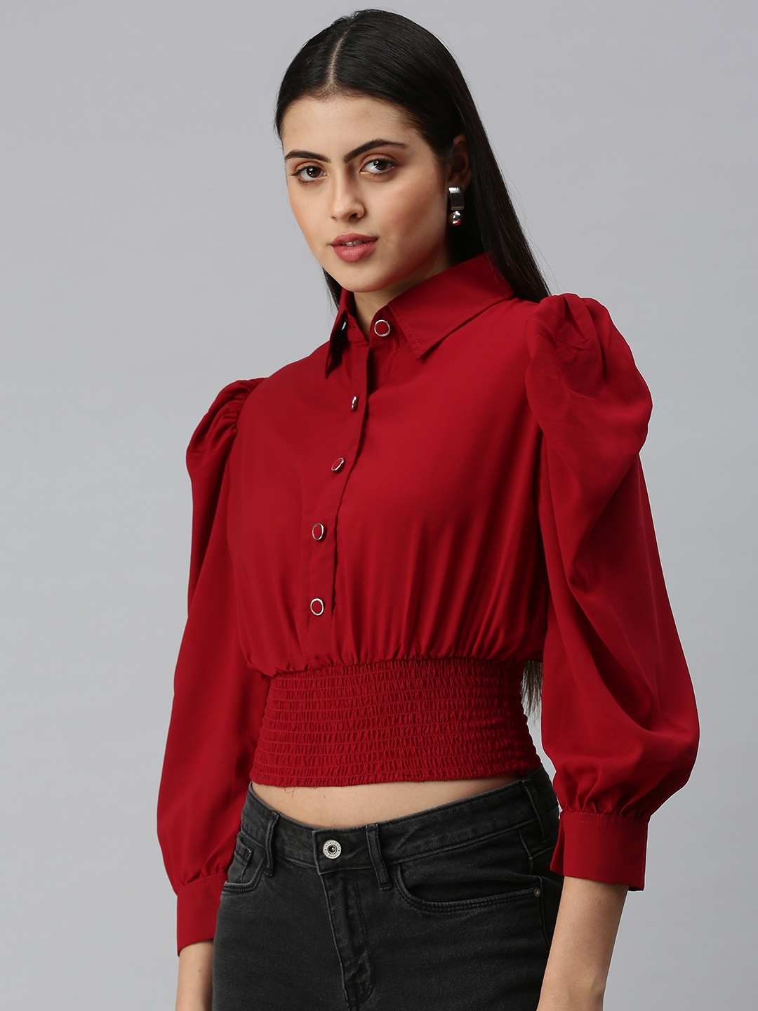 Showoff | SHOWOFF Women Maroon Solid Shirt Collar Full Sleeves Crop Shirt Top 2