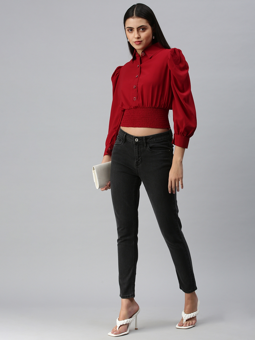 Showoff | SHOWOFF Women Maroon Solid Shirt Collar Full Sleeves Crop Shirt Top 4