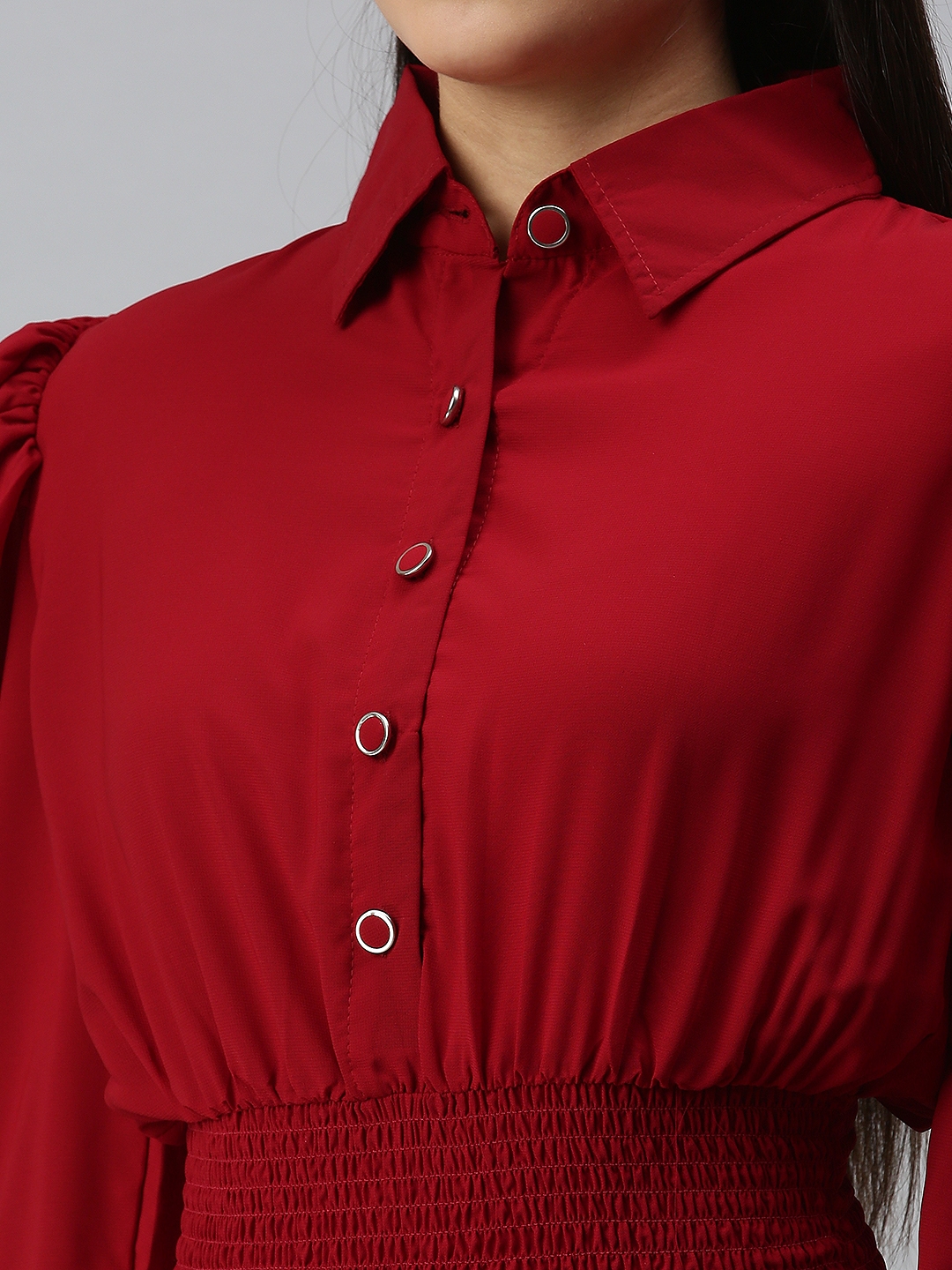 Showoff | SHOWOFF Women Maroon Solid Shirt Collar Full Sleeves Crop Shirt Top 5