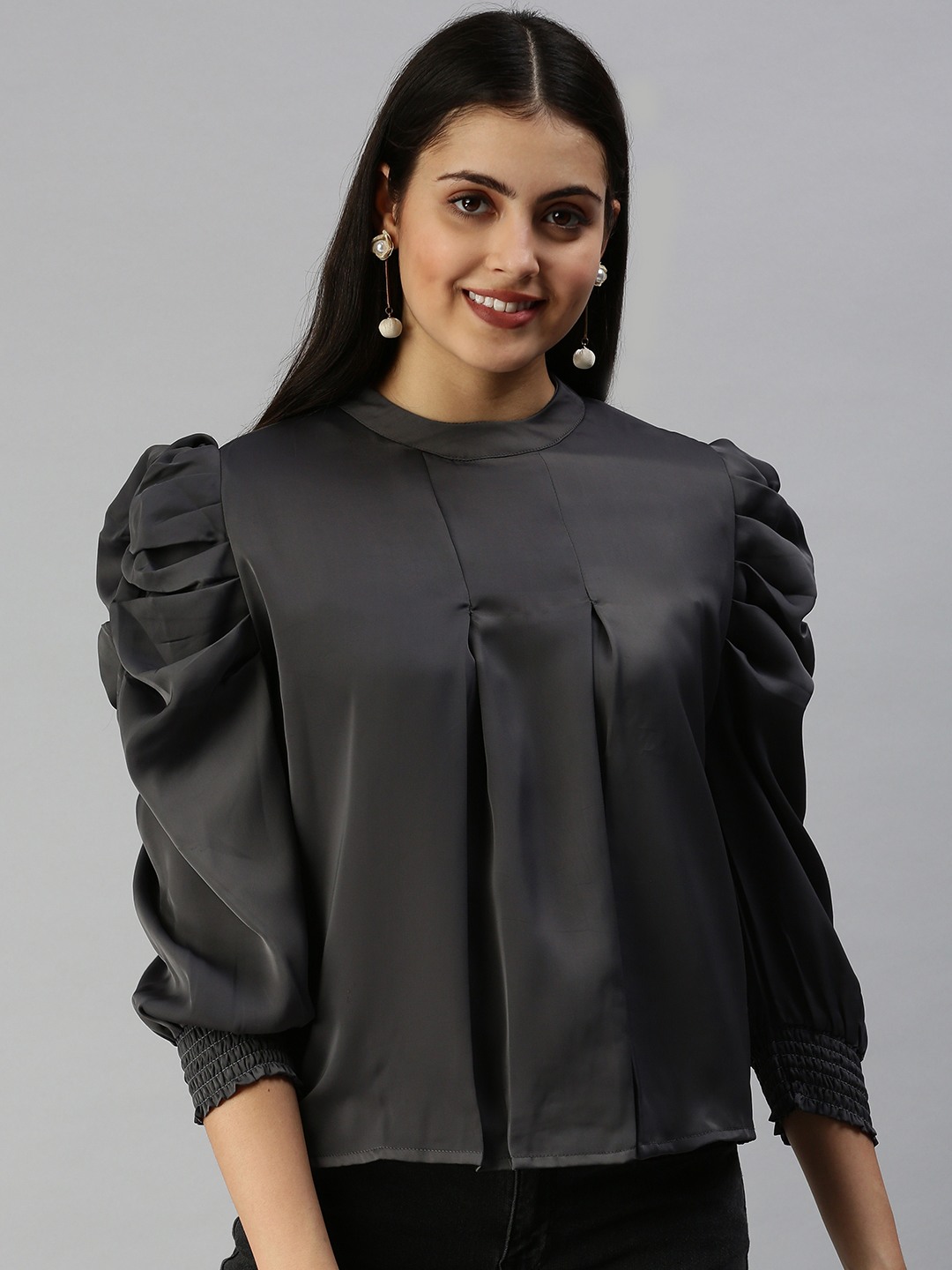 SHOWOFF Women's Three-Quarter Sleeves Mandarin Collar Grey Solid Top
