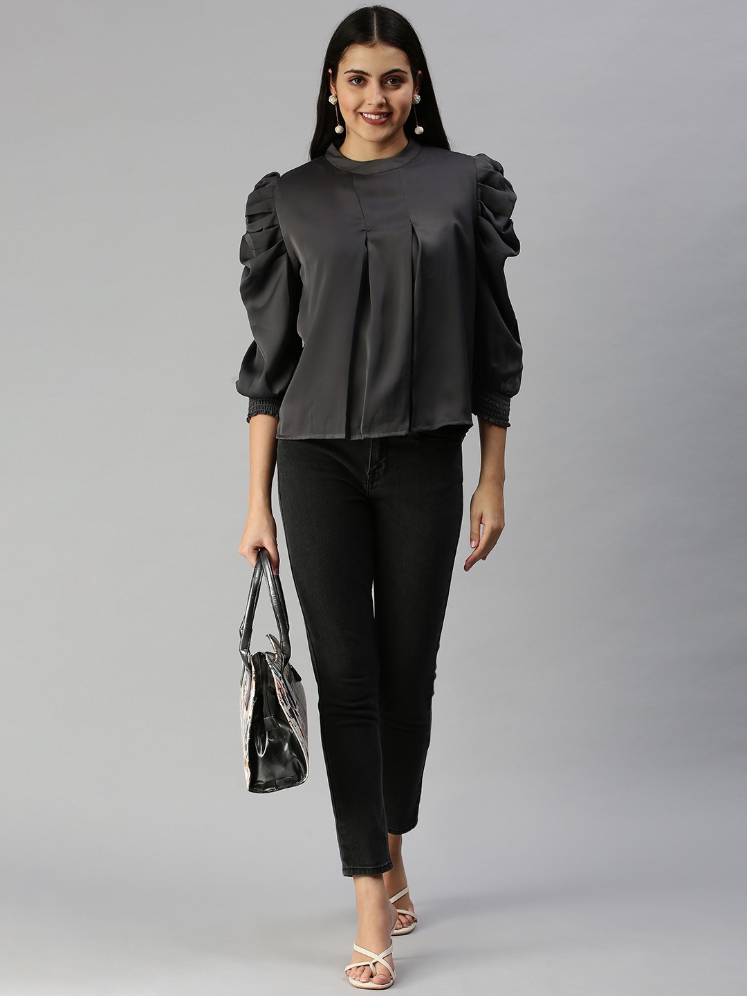 SHOWOFF Women's Three-Quarter Sleeves Mandarin Collar Grey Solid Top