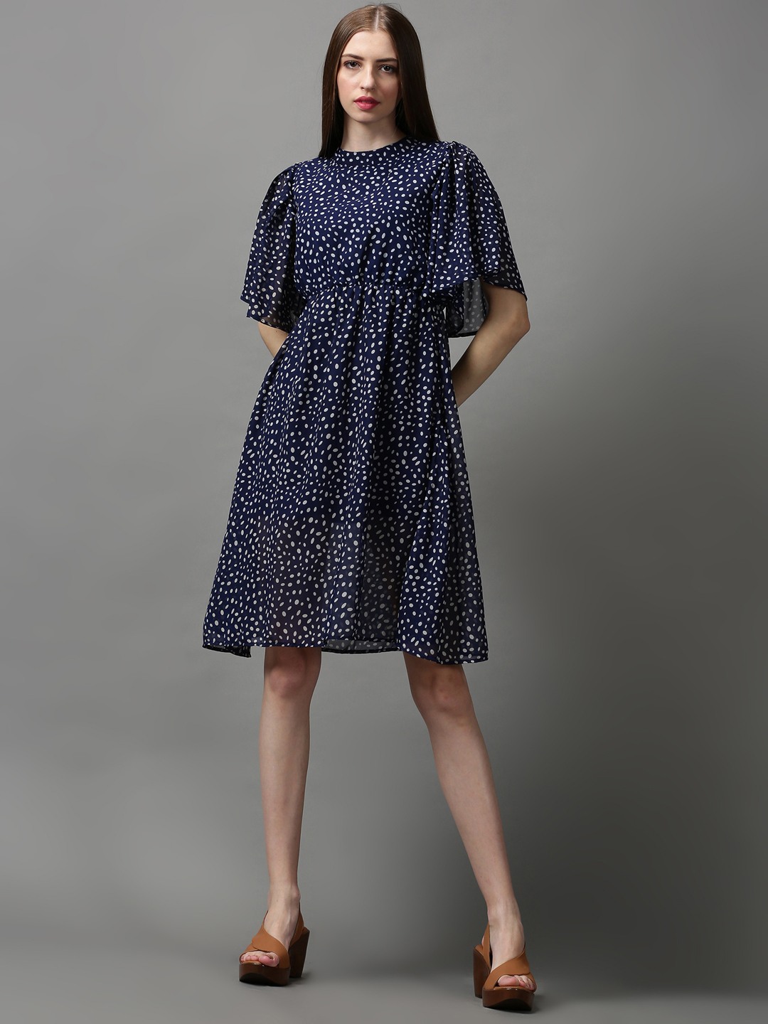 SHOWOFF Women Navy Blue Printed Round Neck Short Sleeves Midi Fit and Flare Dress