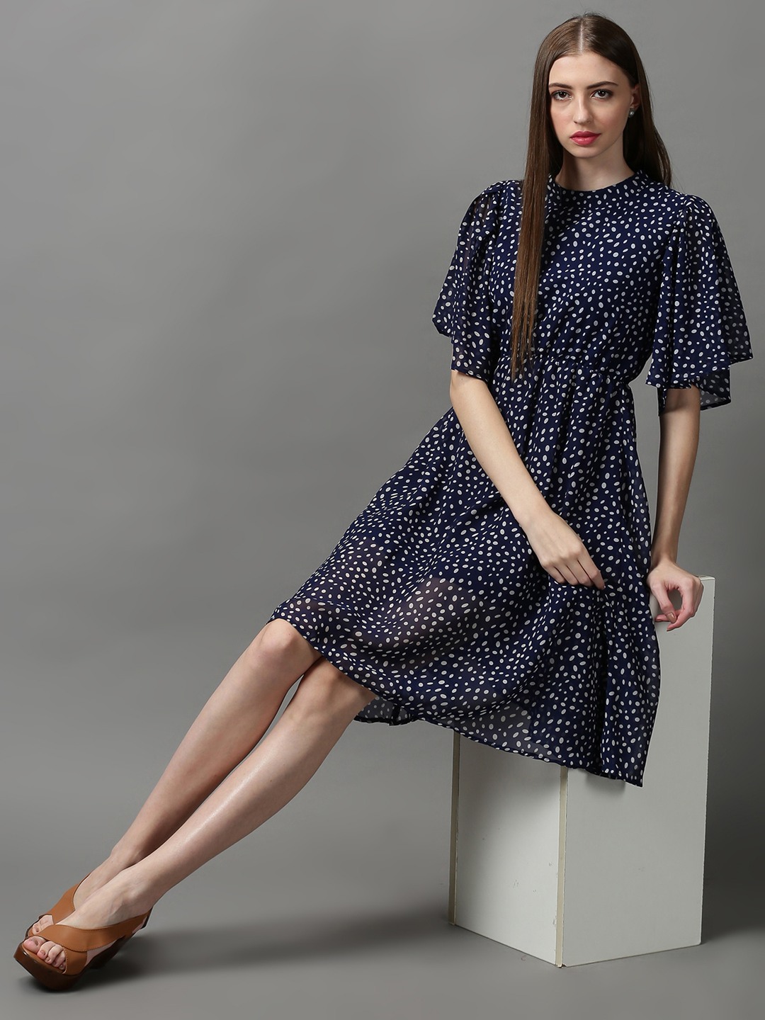 SHOWOFF Women Navy Blue Printed Round Neck Short Sleeves Midi Fit and Flare Dress