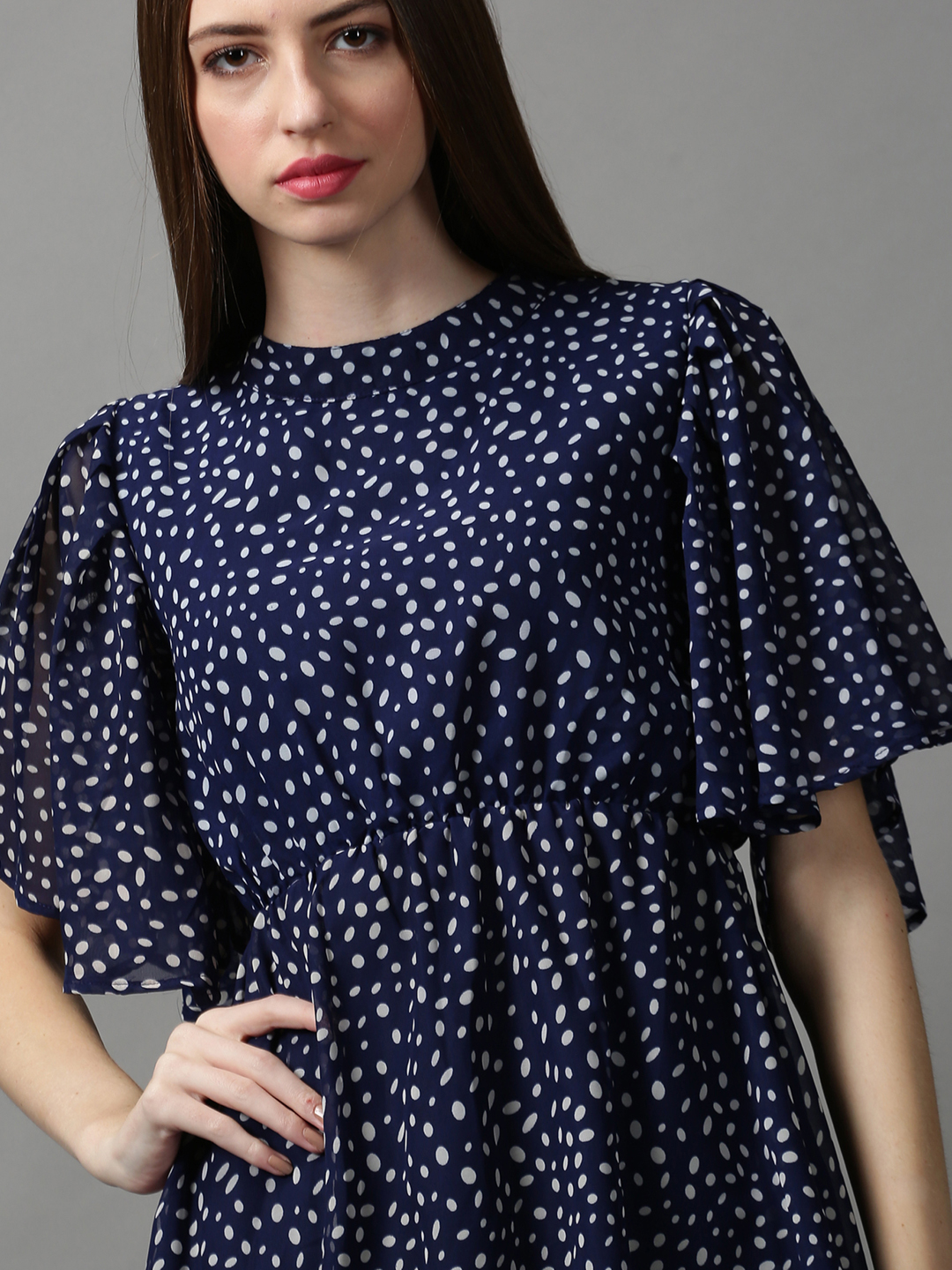 SHOWOFF Women Navy Blue Printed Round Neck Short Sleeves Midi Fit and Flare Dress