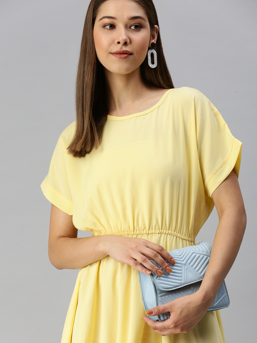 Showoff | SHOWOFF Women Yellow Solid Round Neck Short Sleeves Midi Fit and Flare Dress 0
