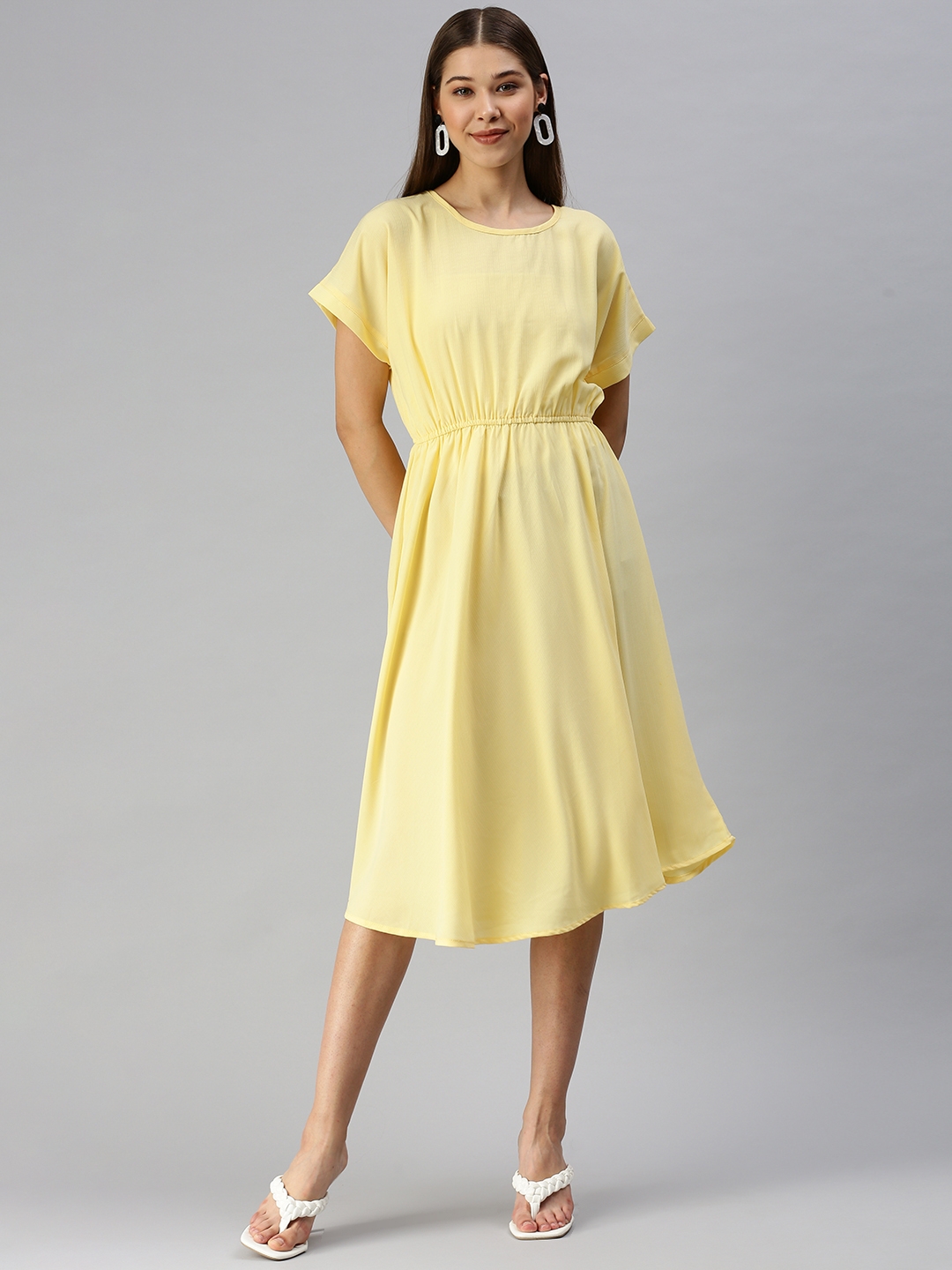 Showoff | SHOWOFF Women Yellow Solid Round Neck Short Sleeves Midi Fit and Flare Dress 1