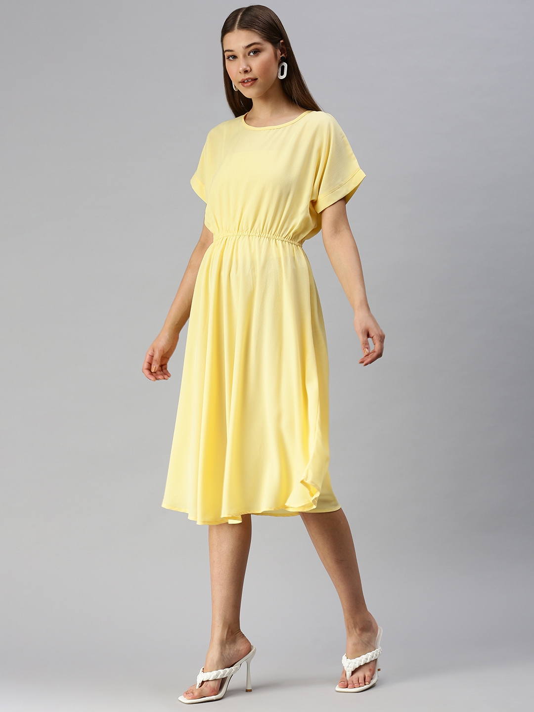 Showoff | SHOWOFF Women Yellow Solid Round Neck Short Sleeves Midi Fit and Flare Dress 2