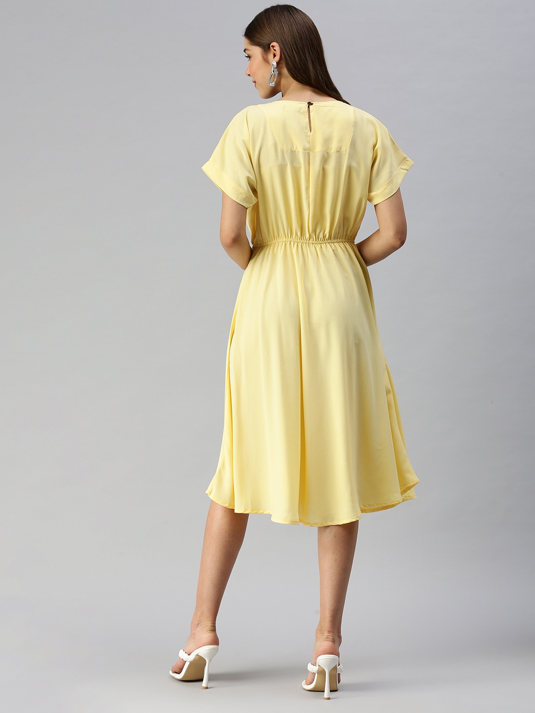 Showoff | SHOWOFF Women Yellow Solid Round Neck Short Sleeves Midi Fit and Flare Dress 3