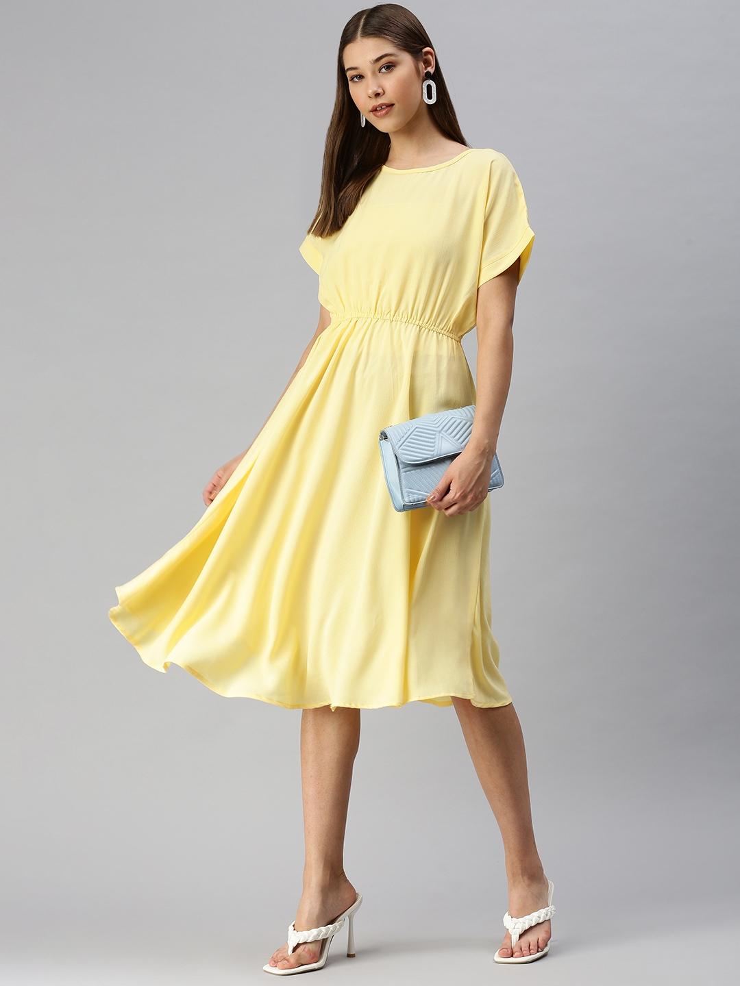 Showoff | SHOWOFF Women Yellow Solid Round Neck Short Sleeves Midi Fit and Flare Dress 4
