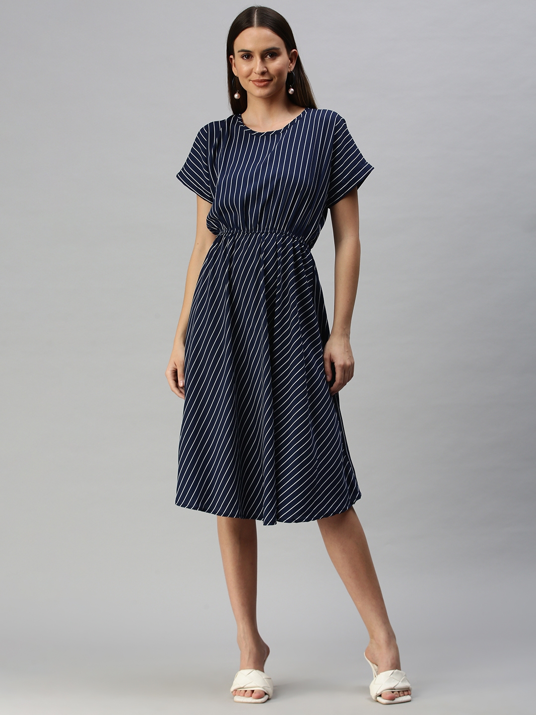 Showoff | SHOWOFF Women Navy Blue Striped Round Neck Short Sleeves Midi A-Line Dress 1