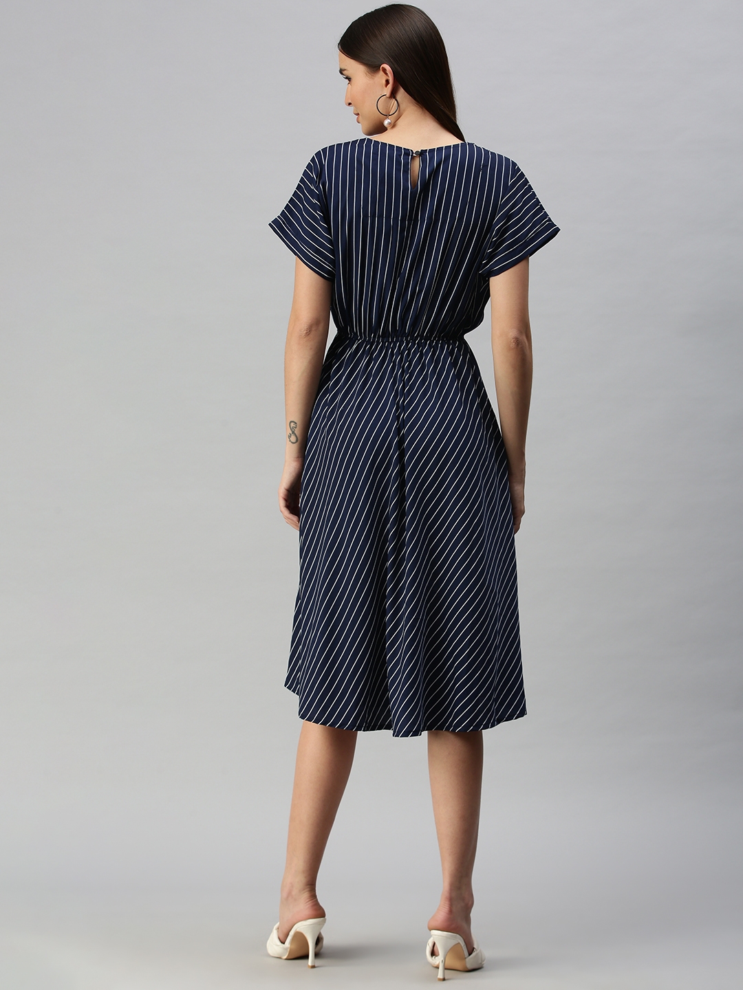 Showoff | SHOWOFF Women Navy Blue Striped Round Neck Short Sleeves Midi A-Line Dress 3