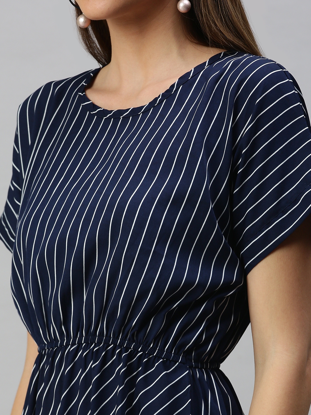 Showoff | SHOWOFF Women Navy Blue Striped Round Neck Short Sleeves Midi A-Line Dress 5