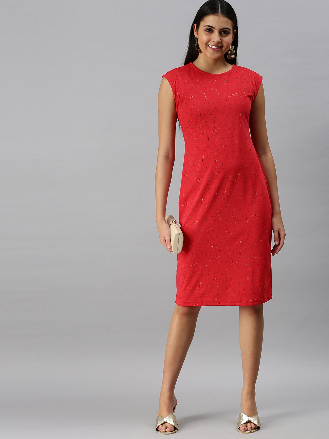 Showoff | SHOWOFF Women Red Solid Round Neck Sleeveless Knee length Sheath Dress 0