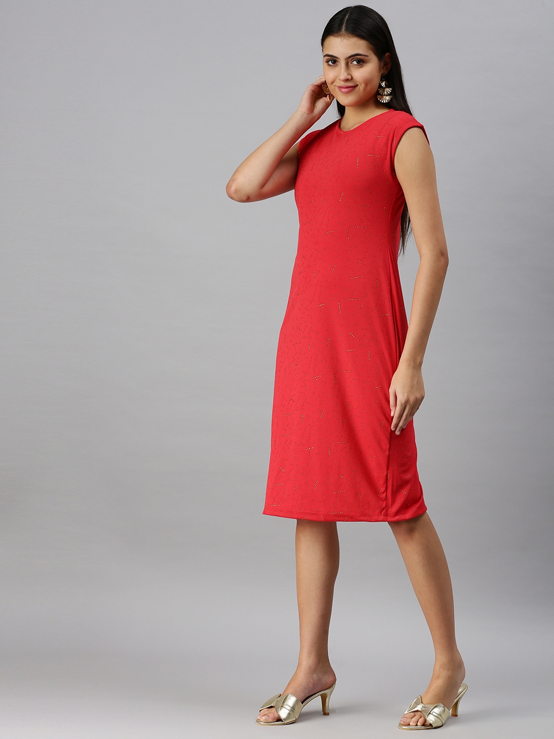 Showoff | SHOWOFF Women Red Solid Round Neck Sleeveless Knee length Sheath Dress 1