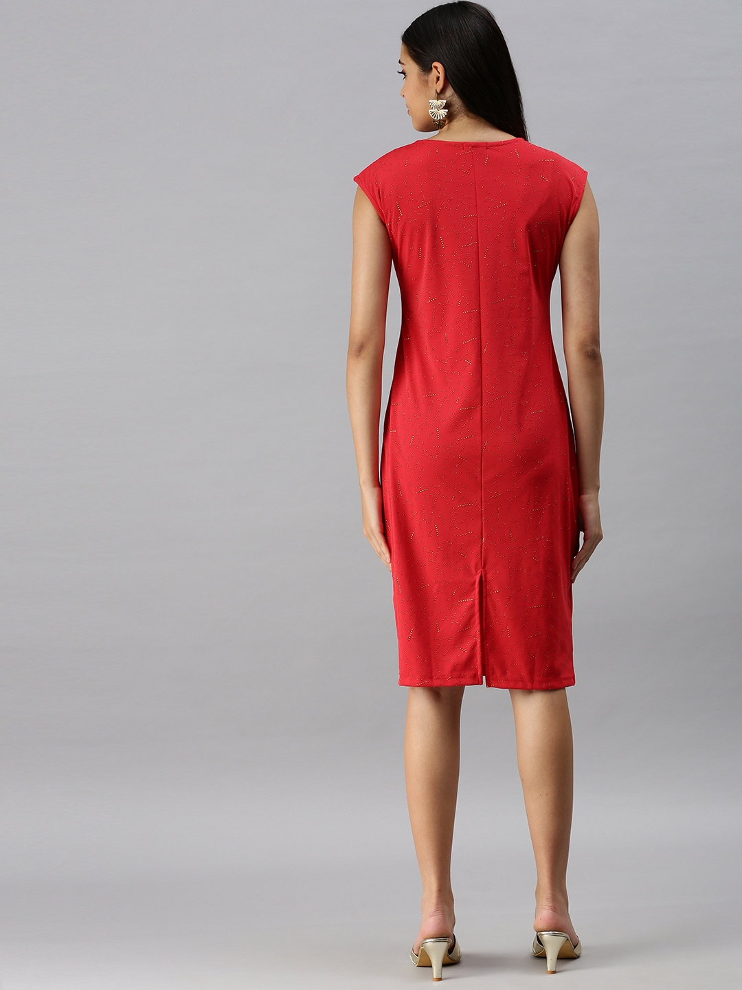 Showoff | SHOWOFF Women Red Solid Round Neck Sleeveless Knee length Sheath Dress 2