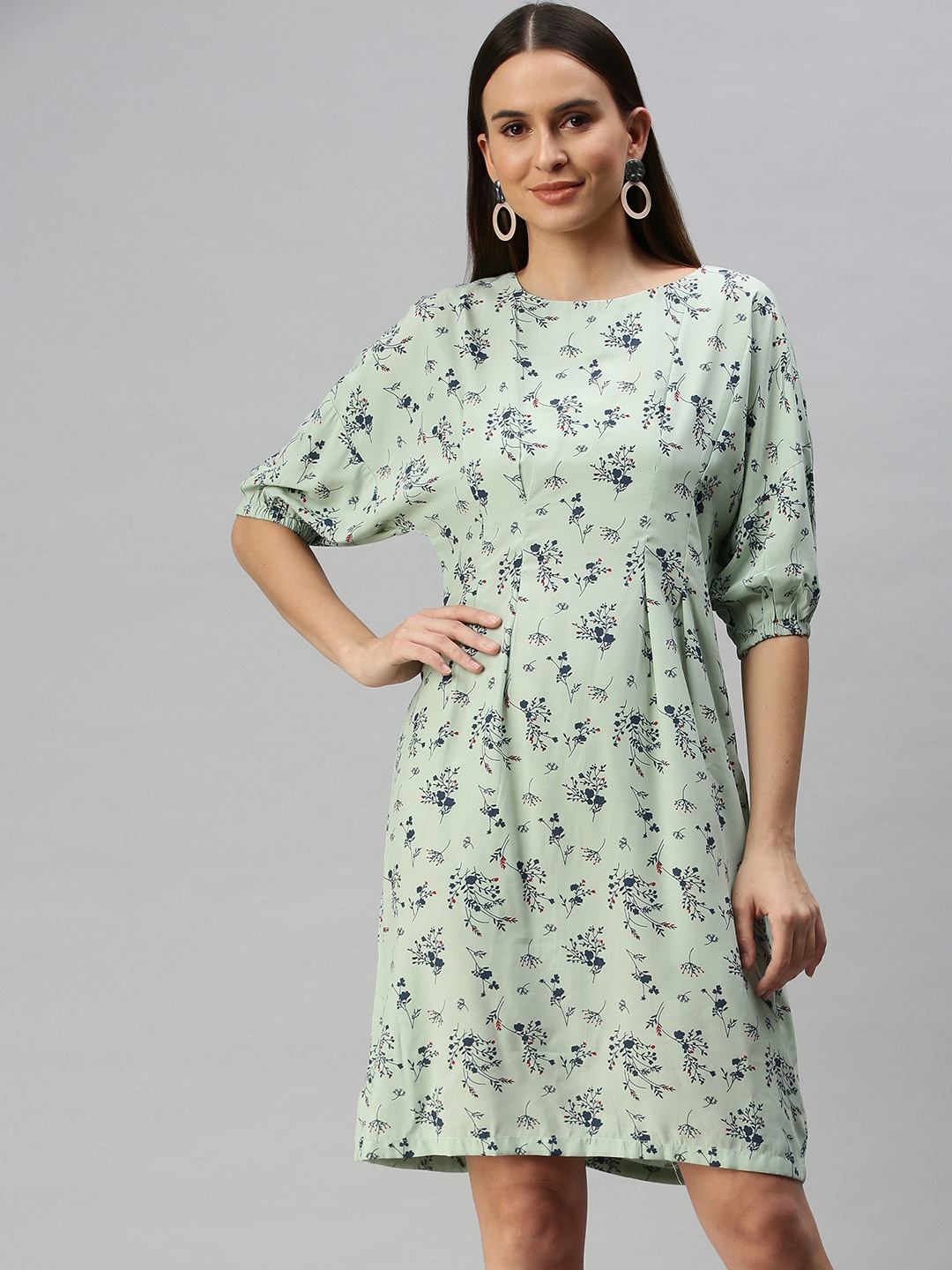 SHOWOFF Women Green Printed Boat Neck Three-Quarter Sleeves Knee length A-Line Dress