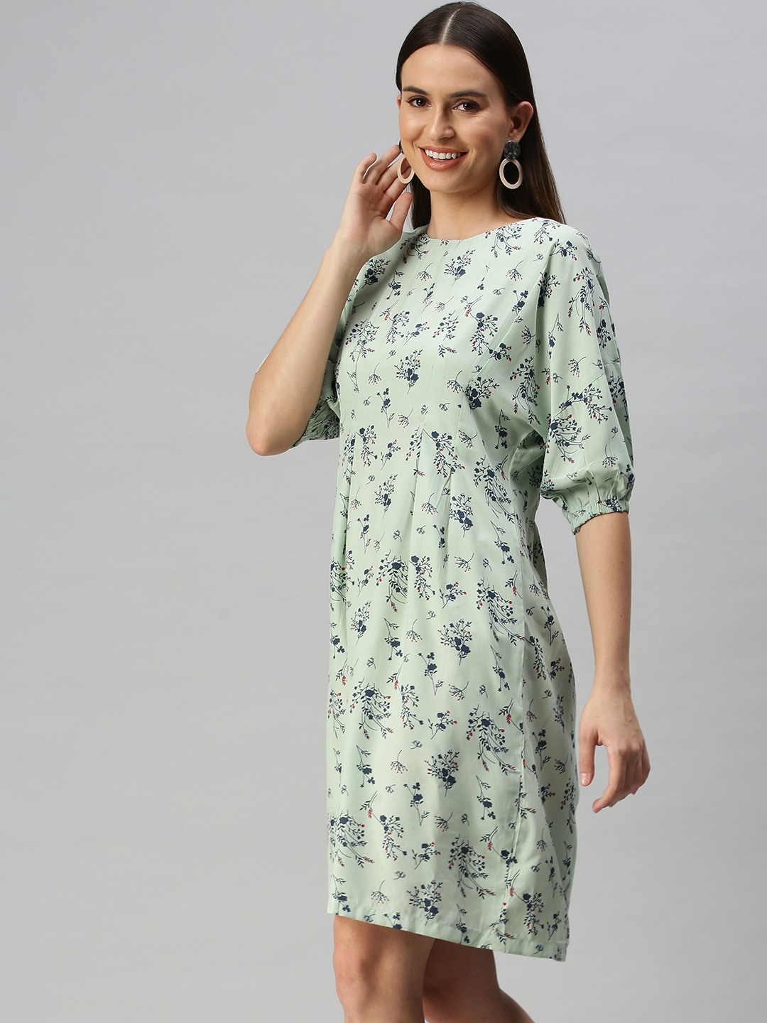 SHOWOFF Women Green Printed Boat Neck Three-Quarter Sleeves Knee length A-Line Dress