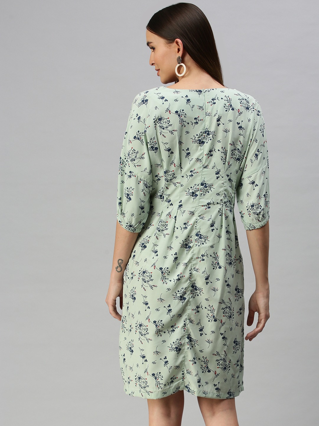SHOWOFF Women Green Printed Boat Neck Three-Quarter Sleeves Knee length A-Line Dress