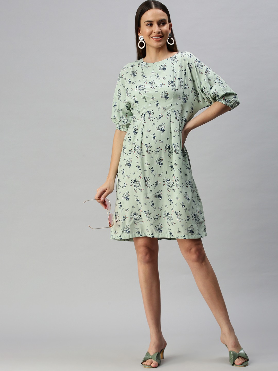 SHOWOFF Women Green Printed Boat Neck Three-Quarter Sleeves Knee length A-Line Dress