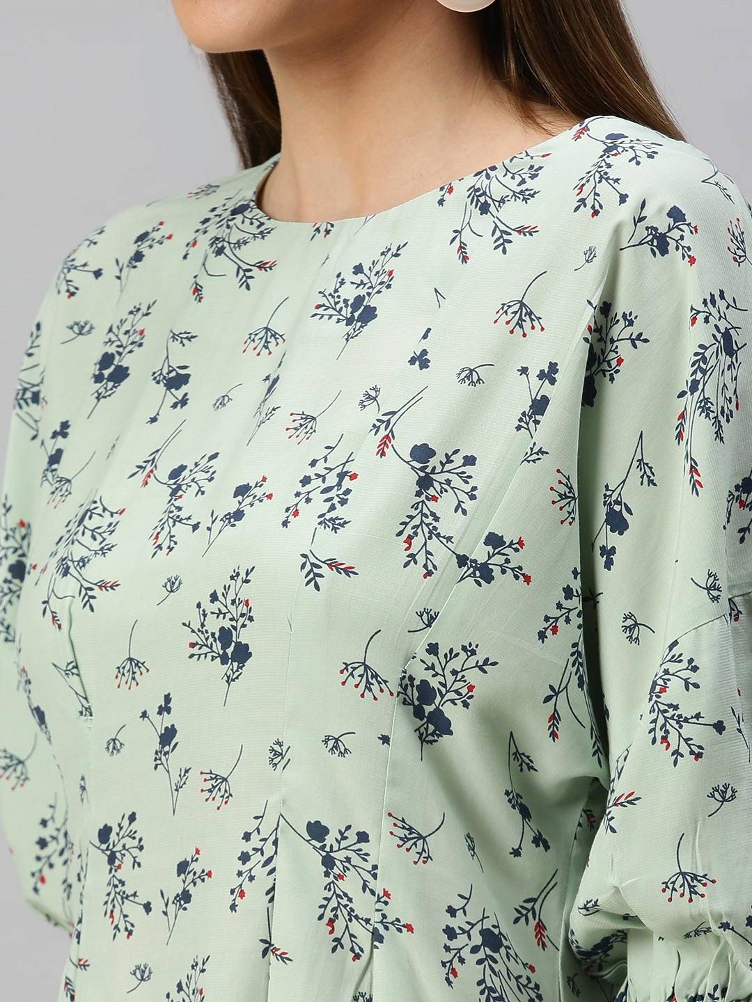 SHOWOFF Women Green Printed Boat Neck Three-Quarter Sleeves Knee length A-Line Dress