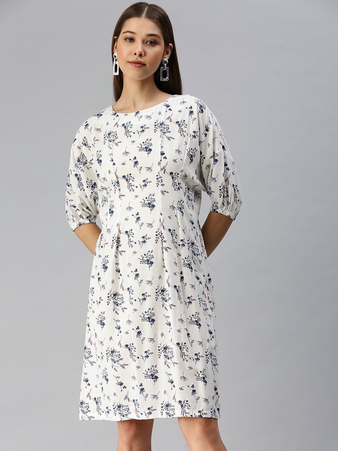 Showoff | SHOWOFF Women White Printed Boat Neck Three-Quarter Sleeves Knee length A-Line Dress 1