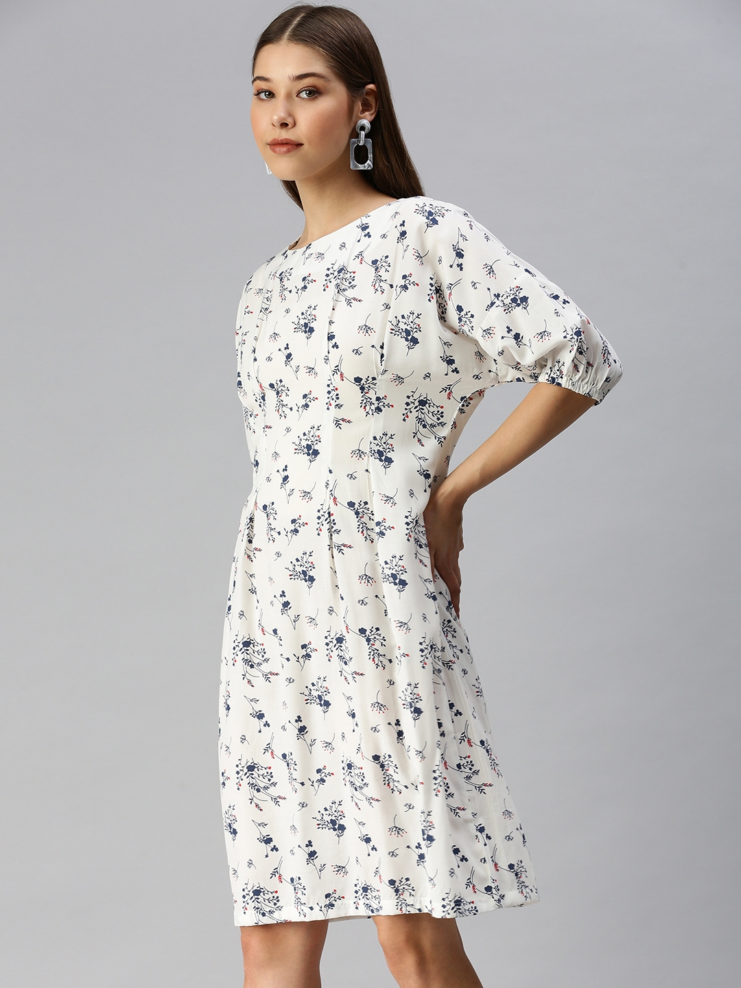 Showoff | SHOWOFF Women White Printed Boat Neck Three-Quarter Sleeves Knee length A-Line Dress 2