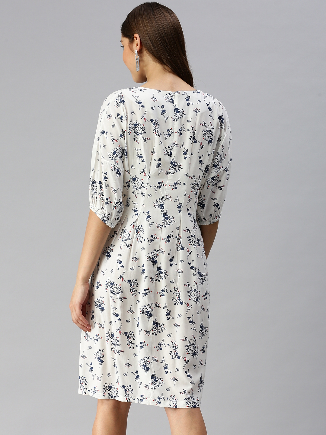 Showoff | SHOWOFF Women White Printed Boat Neck Three-Quarter Sleeves Knee length A-Line Dress 3