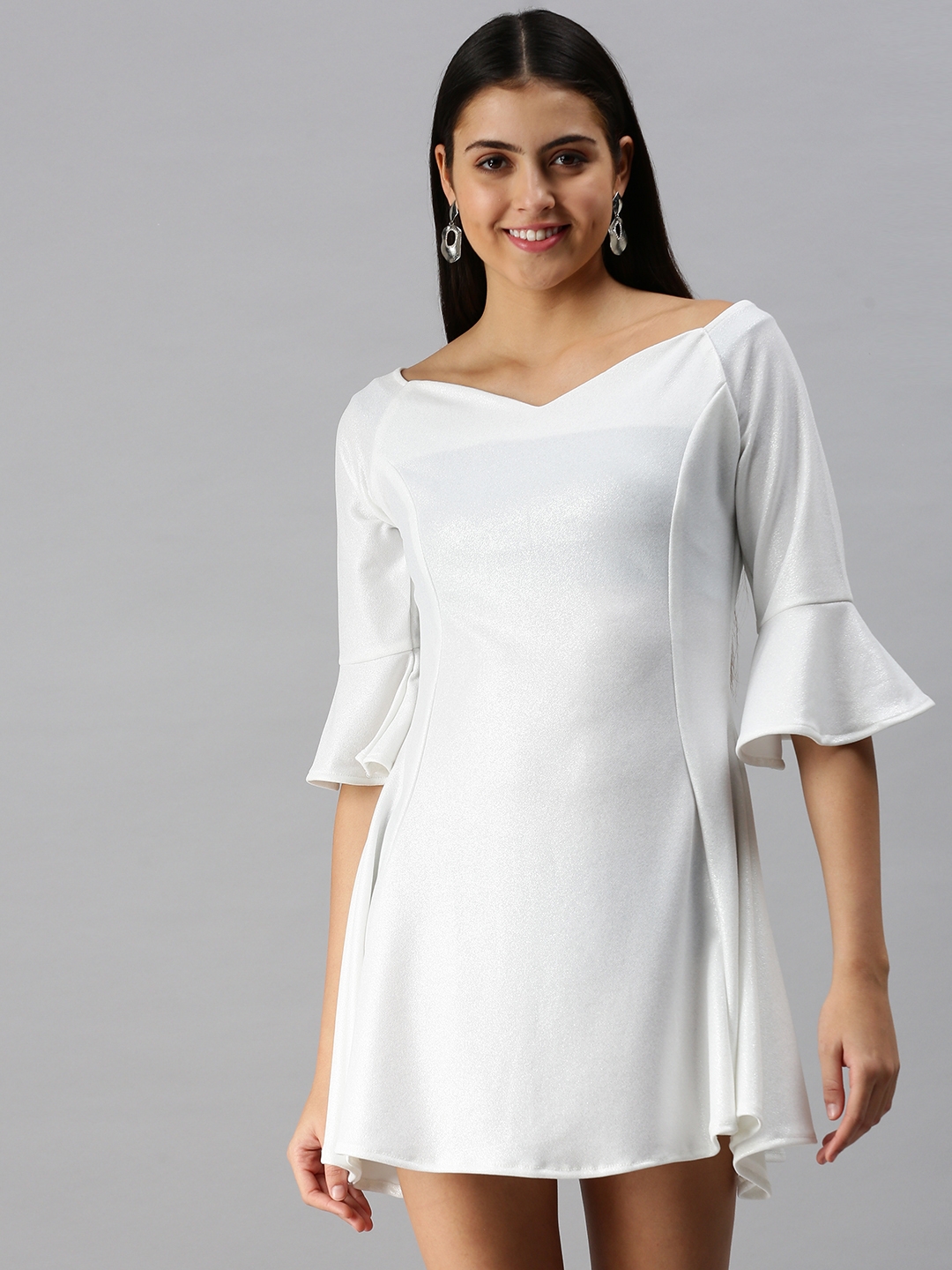 Showoff | SHOWOFF Women's Fit and Flare Off-Shoulder White Solid Dress 0