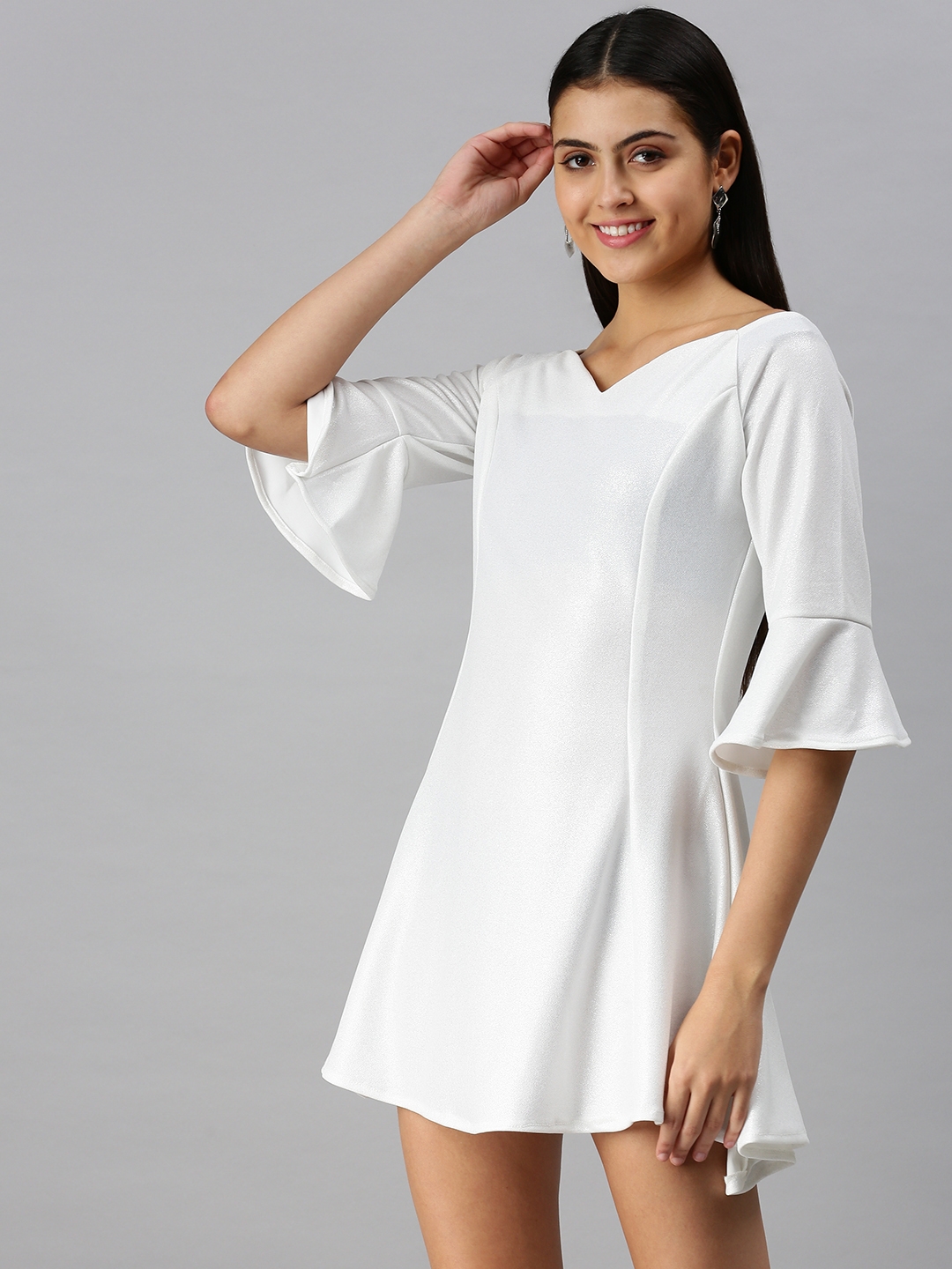 Showoff | SHOWOFF Women's Fit and Flare Off-Shoulder White Solid Dress 1