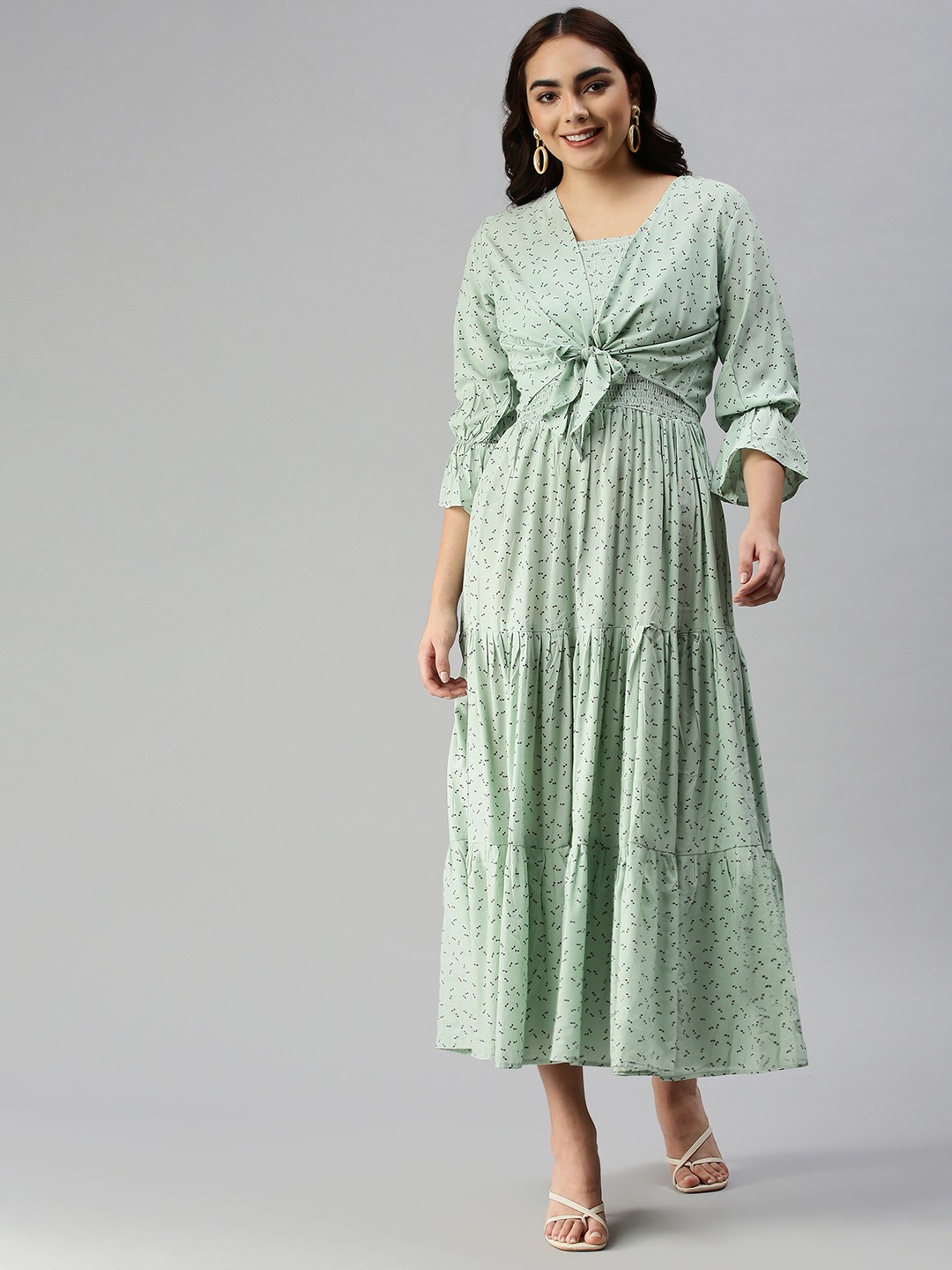 SHOWOFF Women's Green Square Neck Abstract Maxi Dress