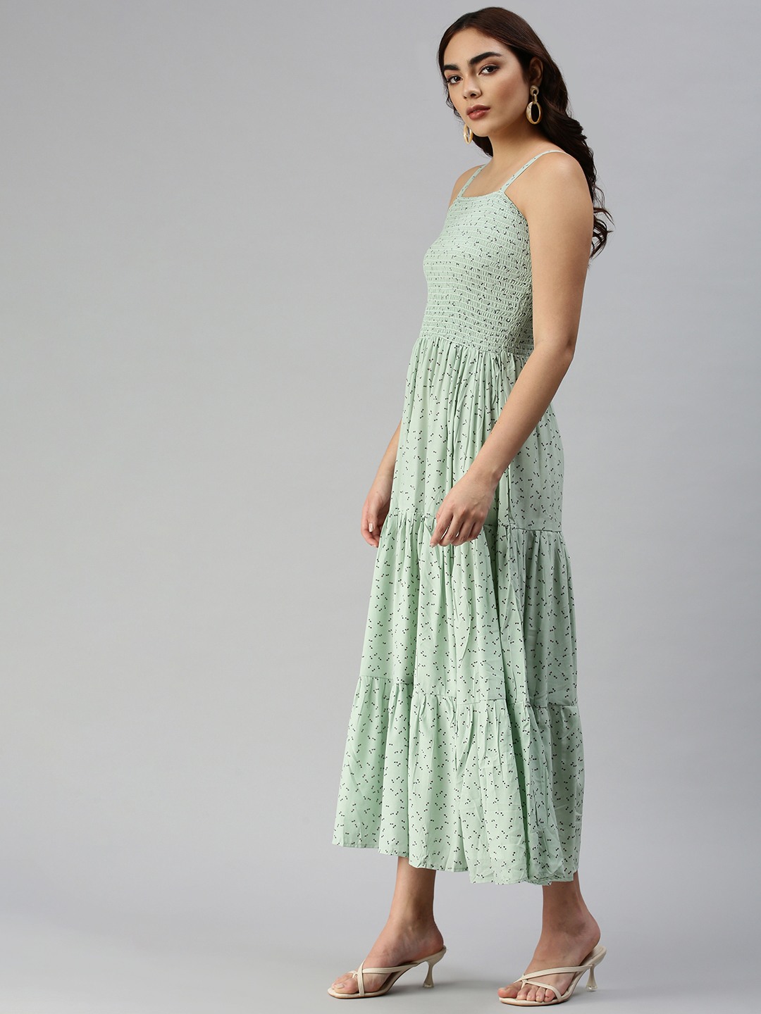 SHOWOFF Women's Green Square Neck Abstract Maxi Dress