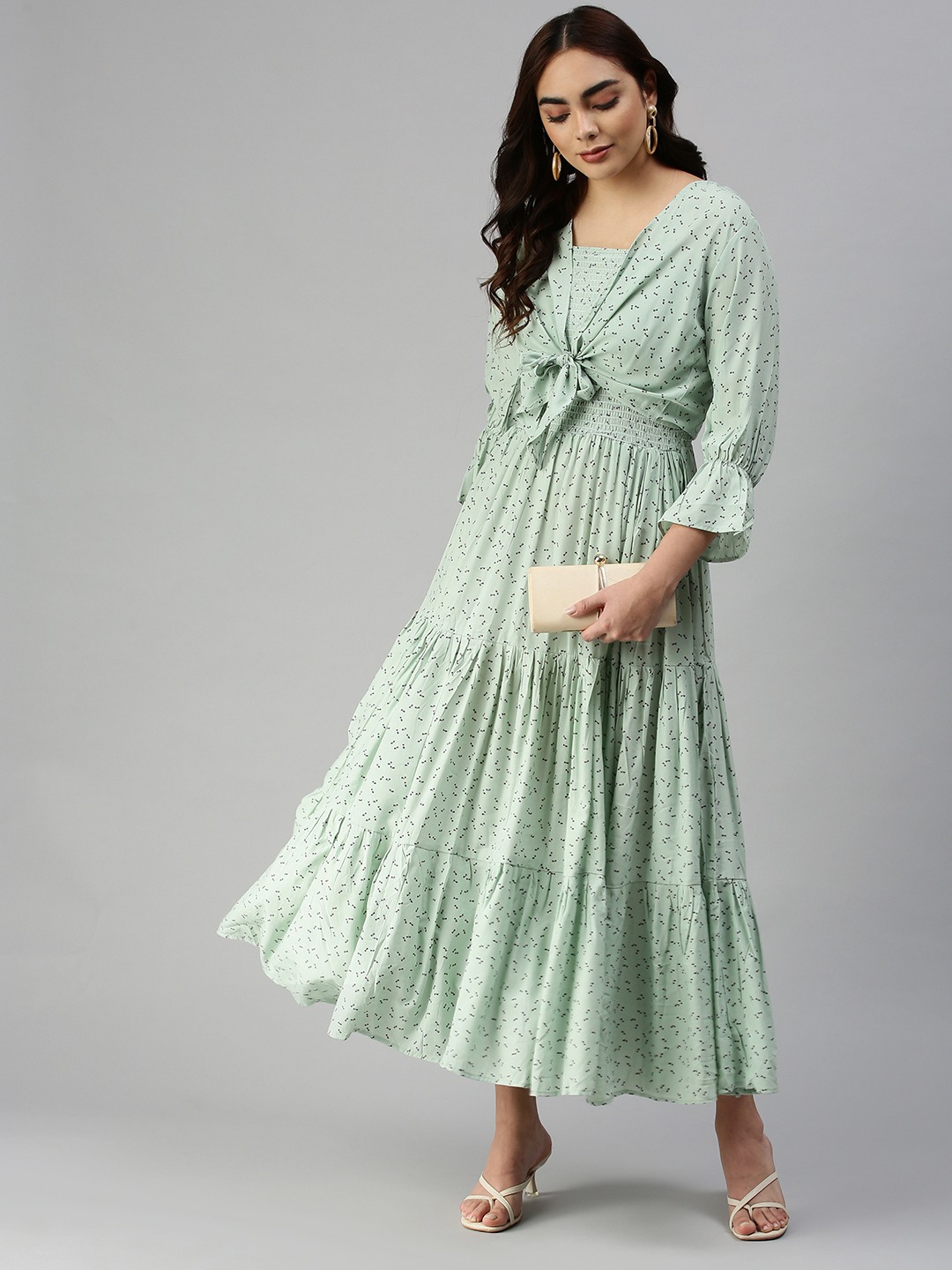 SHOWOFF Women's Green Square Neck Abstract Maxi Dress