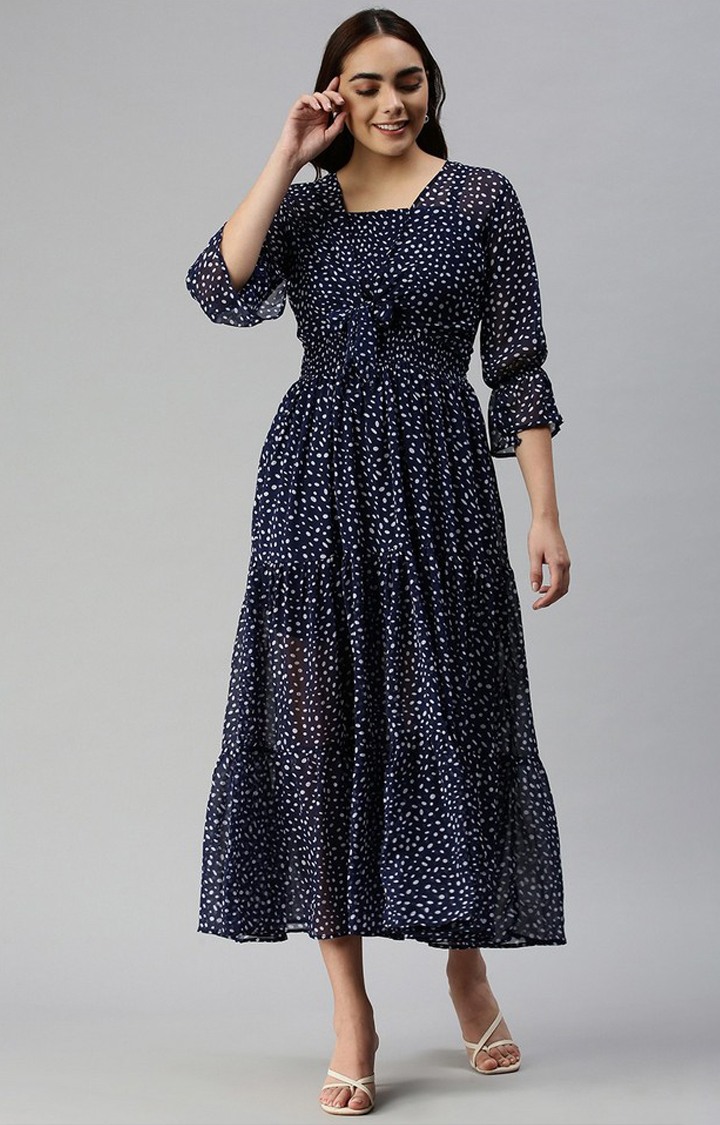 SHOWOFF Women's Navy Blue Square Neck Polka Dots Maxi Dress