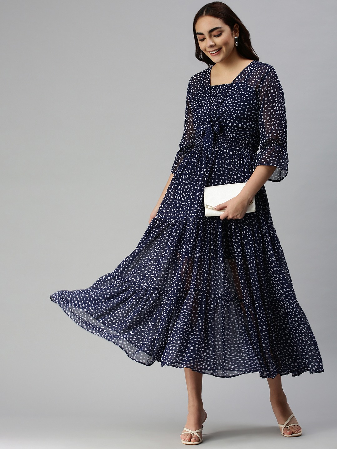 SHOWOFF Women's Navy Blue Square Neck Polka Dots Maxi Dress