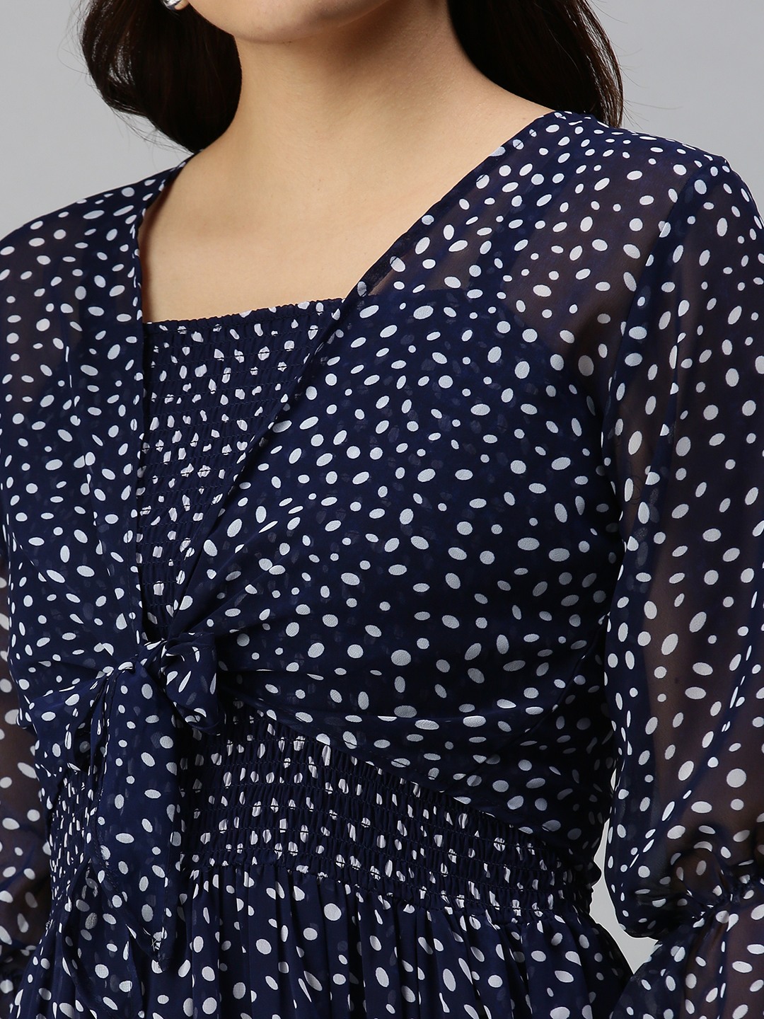 SHOWOFF Women's Navy Blue Square Neck Polka Dots Maxi Dress