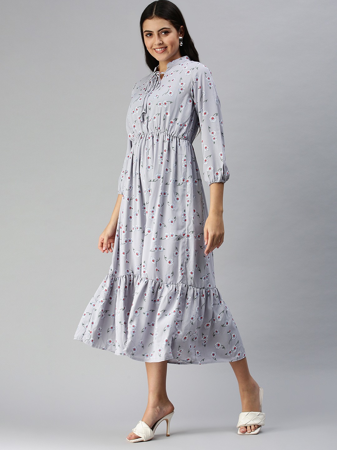 SHOWOFF Women's Grey Mandarin Collar Floral A-Line Dress