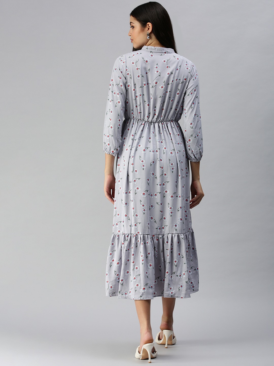 SHOWOFF Women's Grey Mandarin Collar Floral A-Line Dress