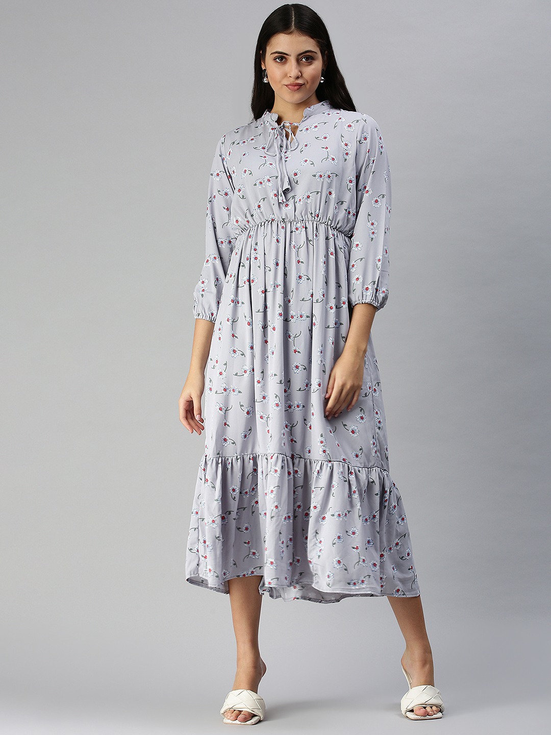 SHOWOFF Women's Grey Mandarin Collar Floral A-Line Dress