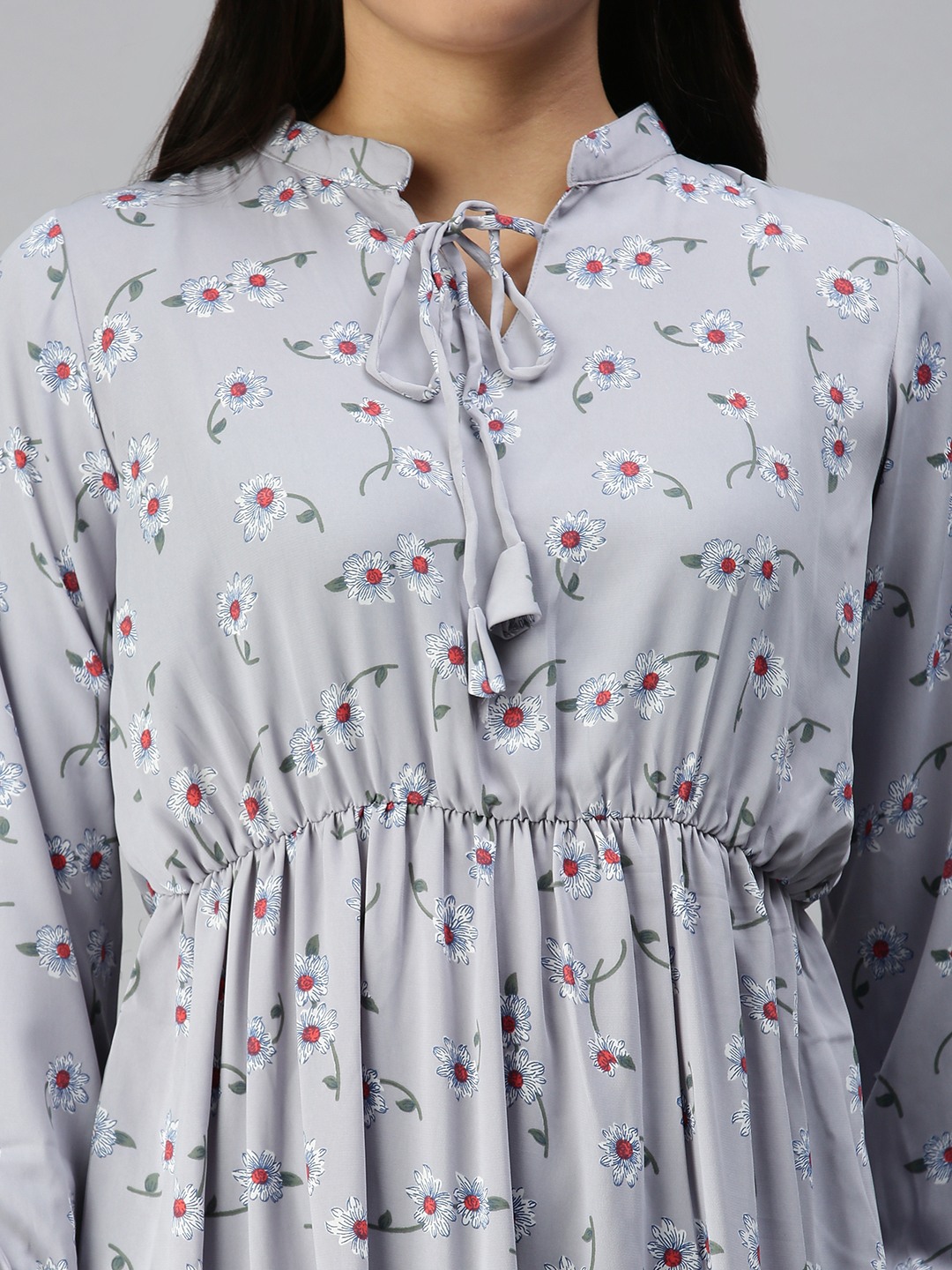 SHOWOFF Women's Grey Mandarin Collar Floral A-Line Dress