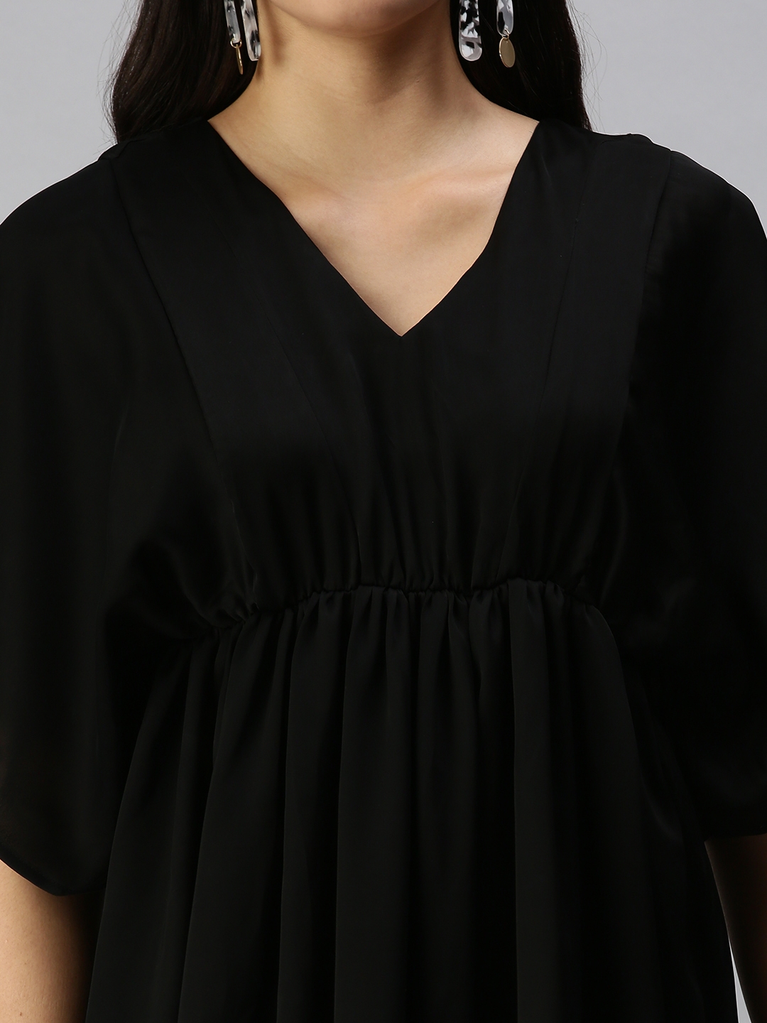 Showoff | SHOWOFF Women Black Solid V Neck Short Sleeves Above Knee A-Line Dress 4