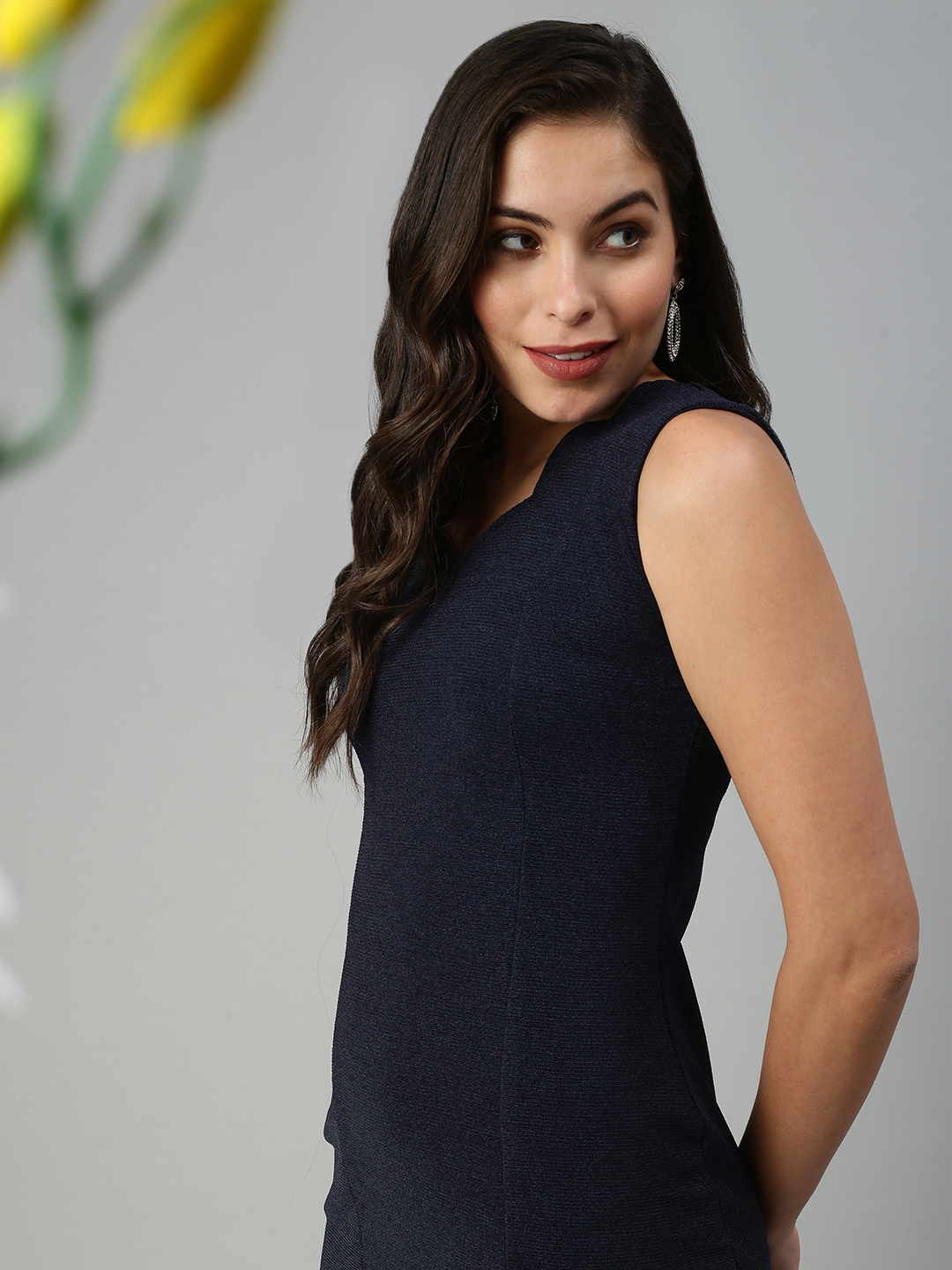 SHOWOFF Women Navy Blue Solid Sweetheart Neckline Sleeveless Above Knee Bodycon Dress