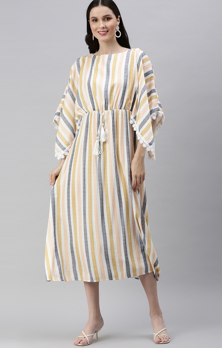 Showoff | SHOWOFF Women Peach Printed Boat Neck Short Sleeves Midi Kaftan Dress 0