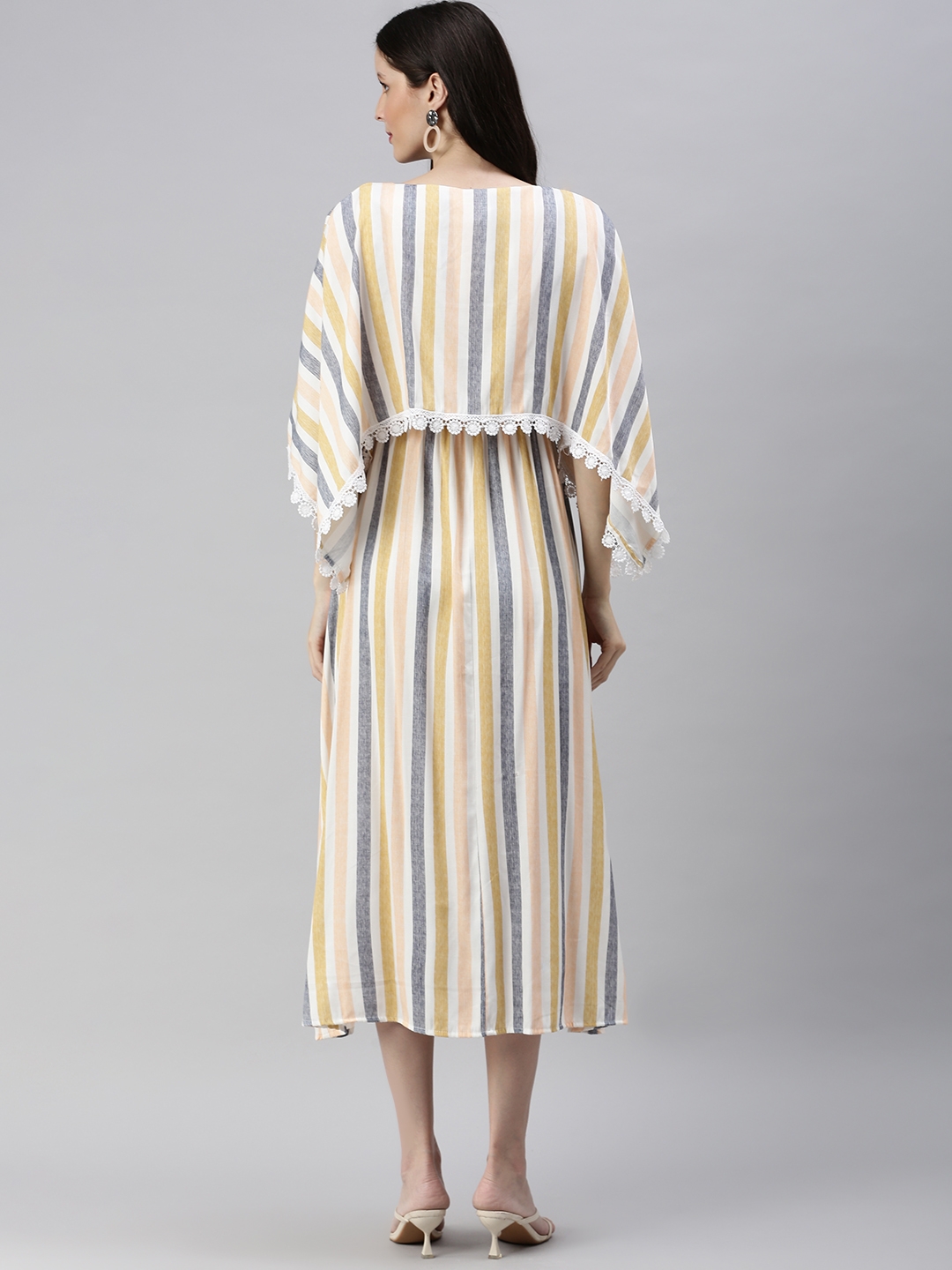 Showoff | SHOWOFF Women Peach Printed Boat Neck Short Sleeves Midi Kaftan Dress 3