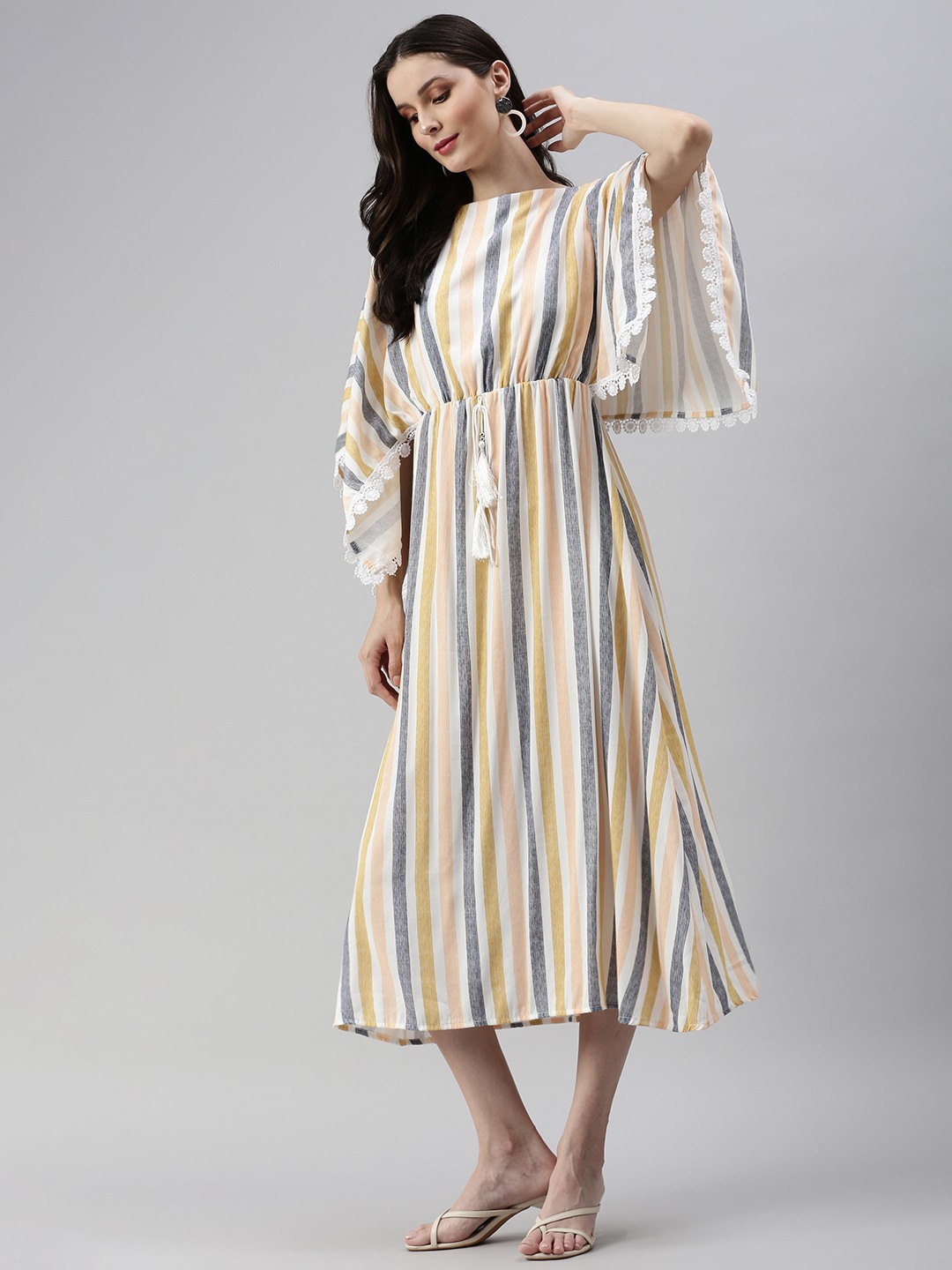 Showoff | SHOWOFF Women Peach Printed Boat Neck Short Sleeves Midi Kaftan Dress 4